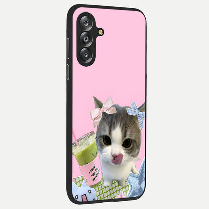 Love Matcha Cat Glass Case upright view showcasing adorable cat artwork with charming matcha themed design.