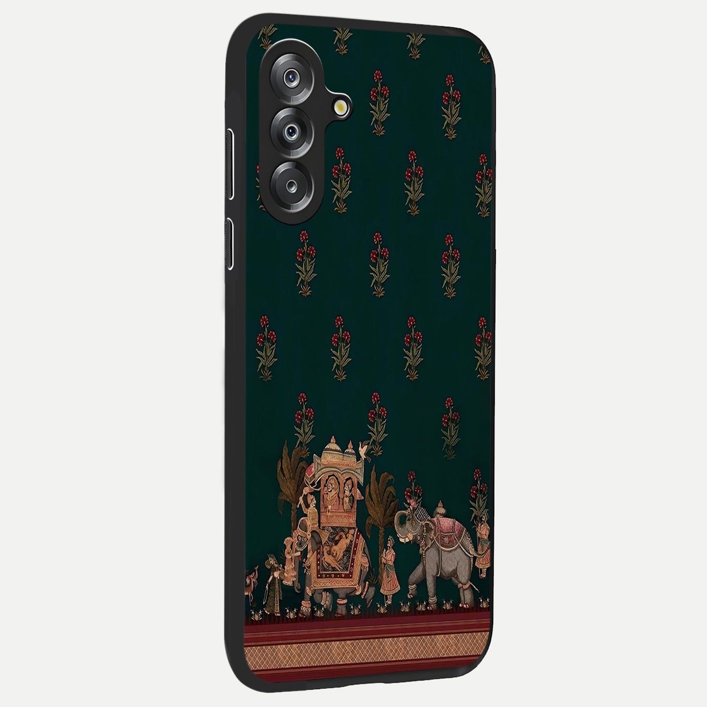 Macmerise Glass Case upright view showcasing bold artistic artwork with contemporary design theme.