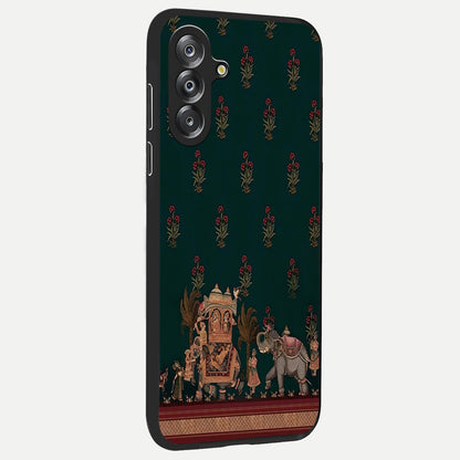 Macmerise Glass Case upright view showcasing bold artistic artwork with contemporary design theme.