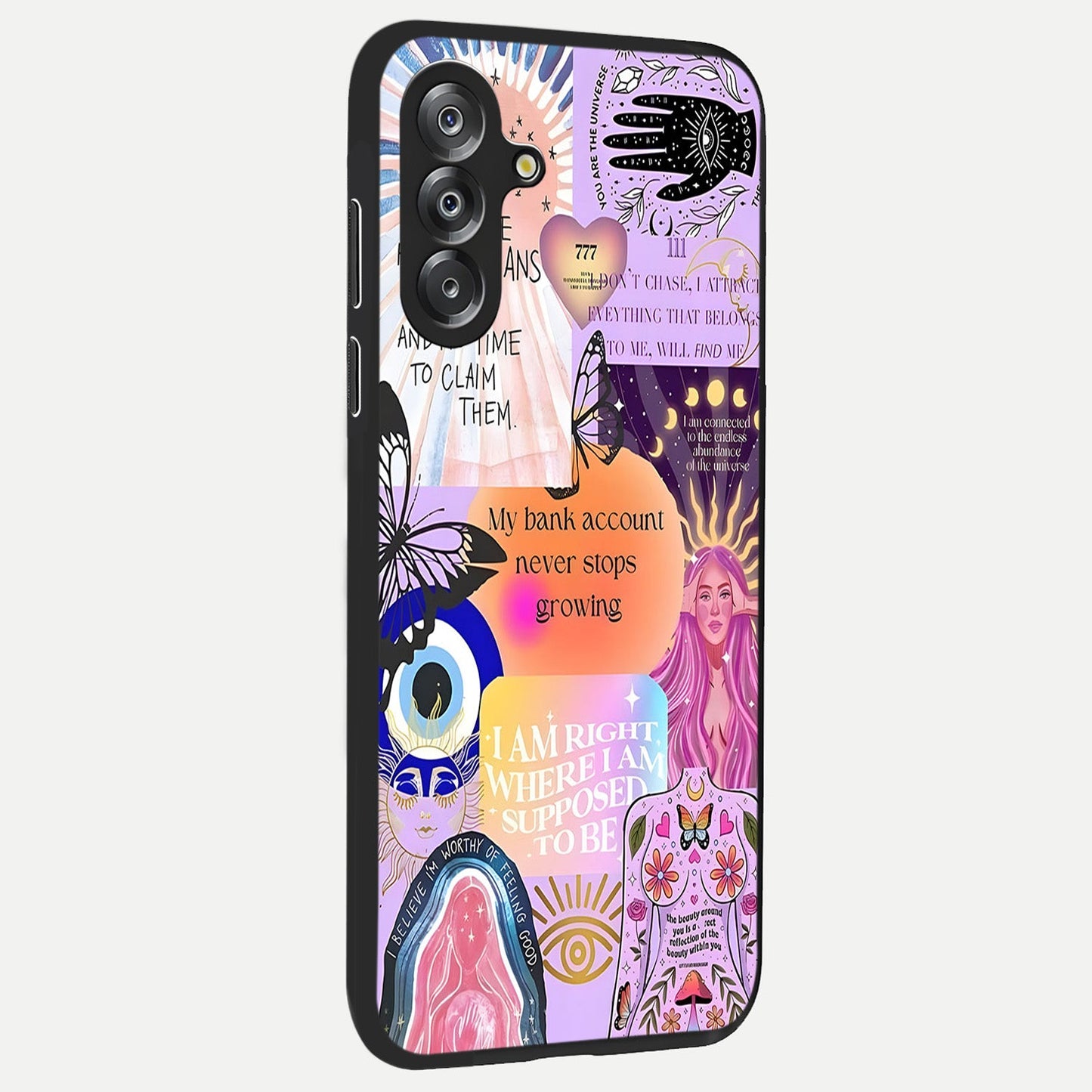 Manifestation Collage Glass Case upright view showcasing artistic manifestation themed artwork with creative style.