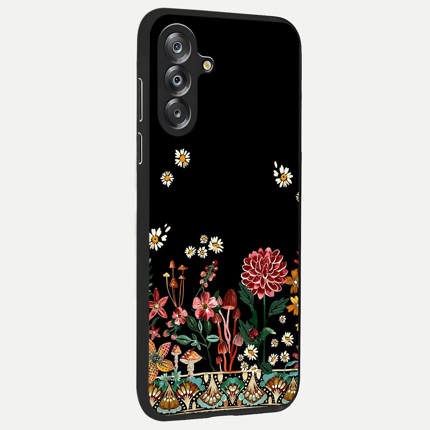 Midnight Bloom Pattern Glass Case upright view showcasing decorative floral artwork with deep night themed palette.