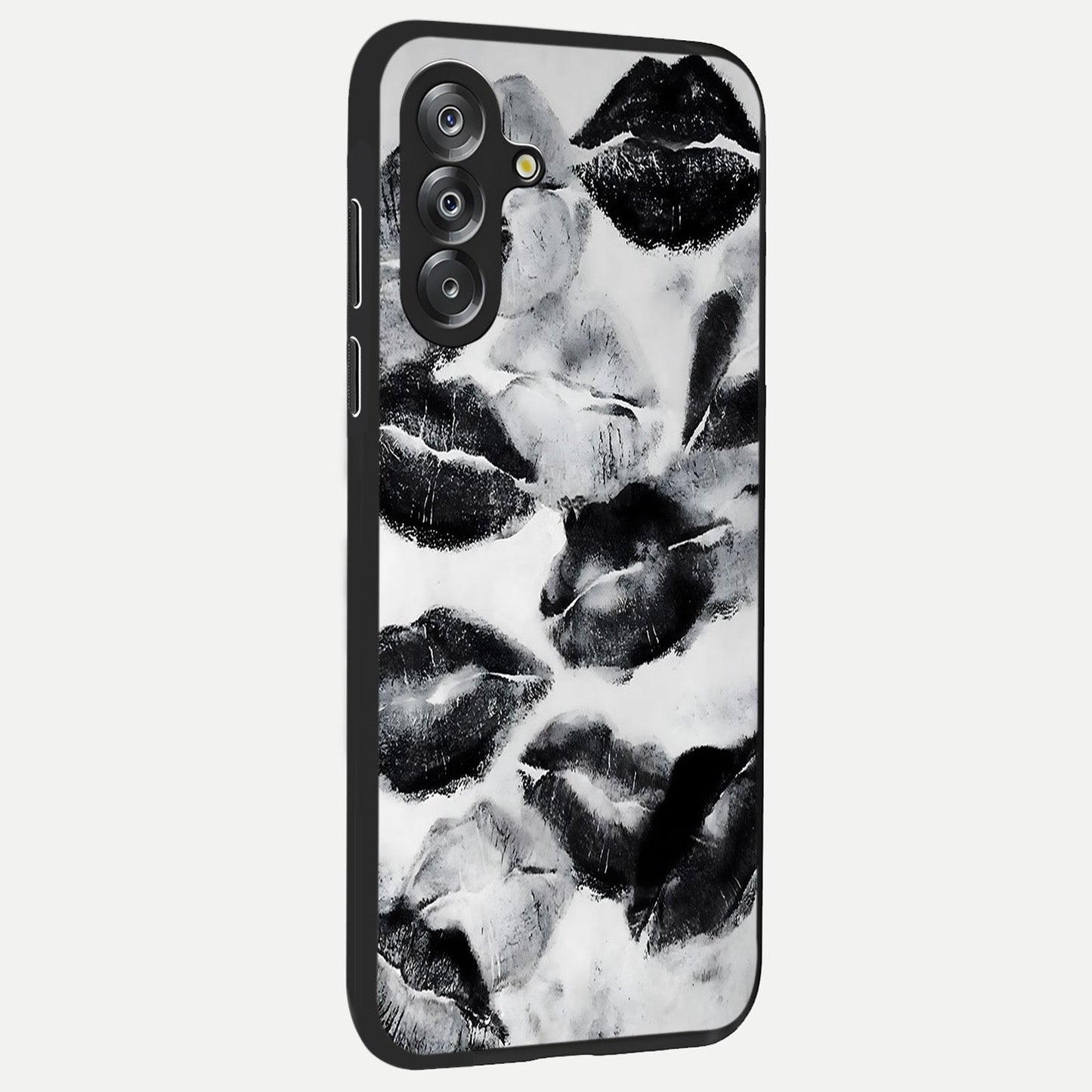 Midnight Kiss Marks Glass Case upright view showcasing stylish kiss mark artwork with trendy romantic theme.