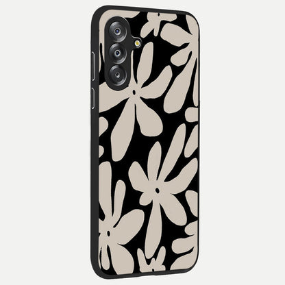 Monochrome Petal Dance Glass Case upright view showcasing artistic floral pattern with stylish monochrome theme.