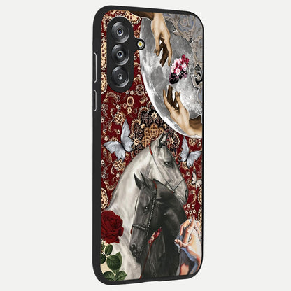 Moonlit Royal Stallion Glass Case upright view showcasing dramatic horse artwork with glowing moon themed design.