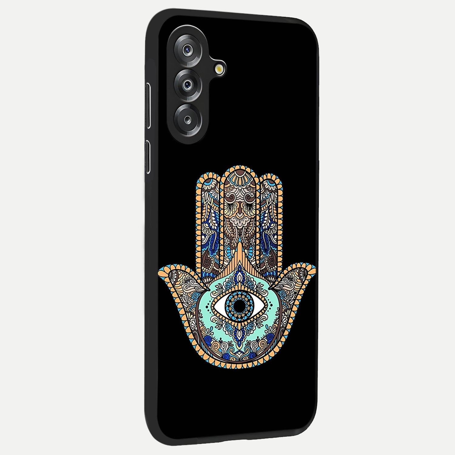 Mystic Hamsa Eye Glass Case upright view showcasing detailed hamsa eye artwork with protective spiritual theme.