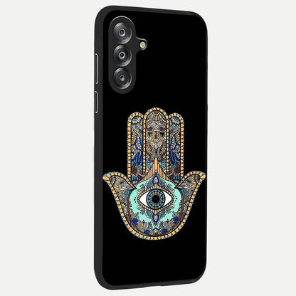 Mystic Hamsa Eye Glass Case upright view showcasing detailed hamsa eye artwork with protective spiritual theme.