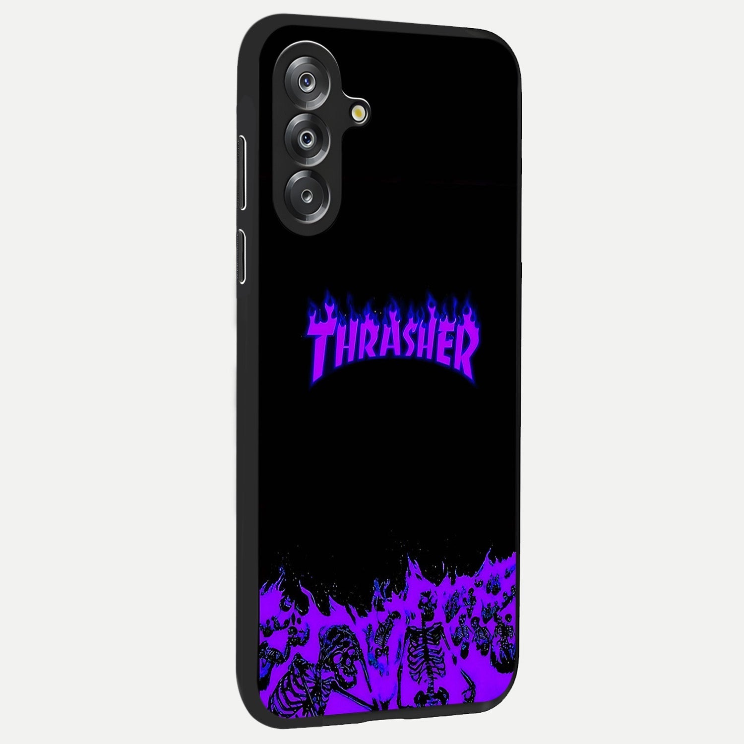 Neon Flame Riot Glass Case upright view showcasing dynamic flame artwork with energetic neon theme.