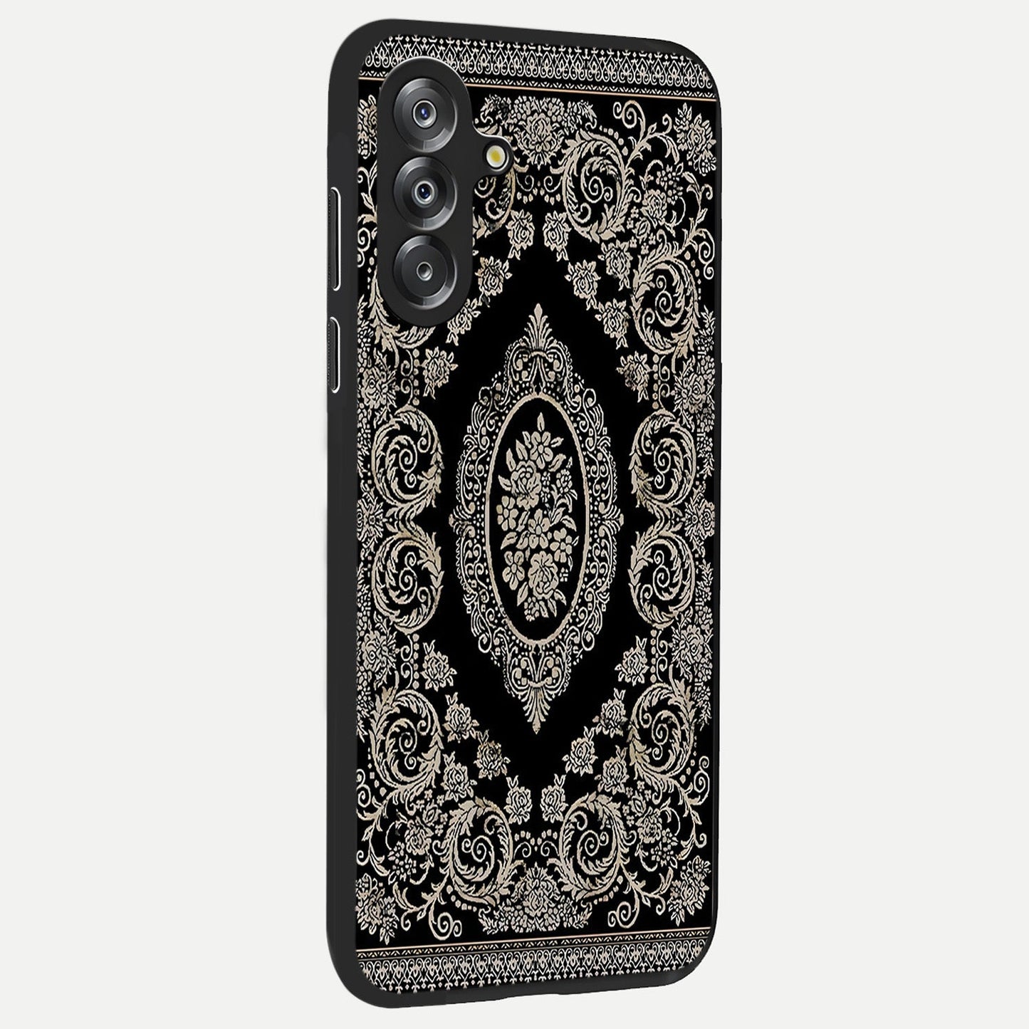 Noir Bloom Elegance Glass Case upright view showcasing graceful floral artwork with luxurious dark theme.