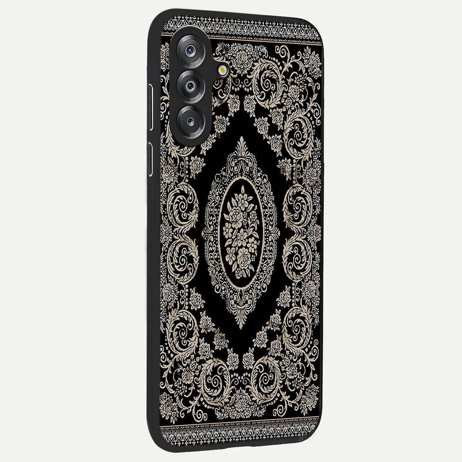 Noir Bloom Elegance Glass Case upright view showcasing graceful floral artwork with luxurious dark theme.