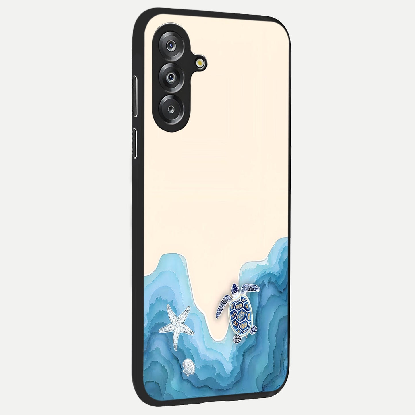 Ocean Drift Turtle Glass Case upright view showcasing calm underwater turtle artwork with nature inspired theme.
