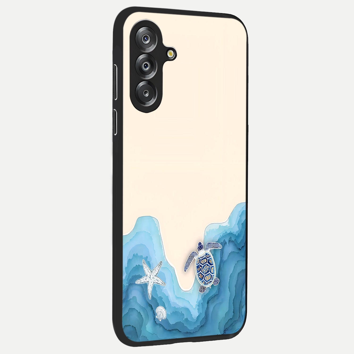 Ocean Drift Turtle Glass Case upright view showcasing calm underwater turtle artwork with nature inspired theme.