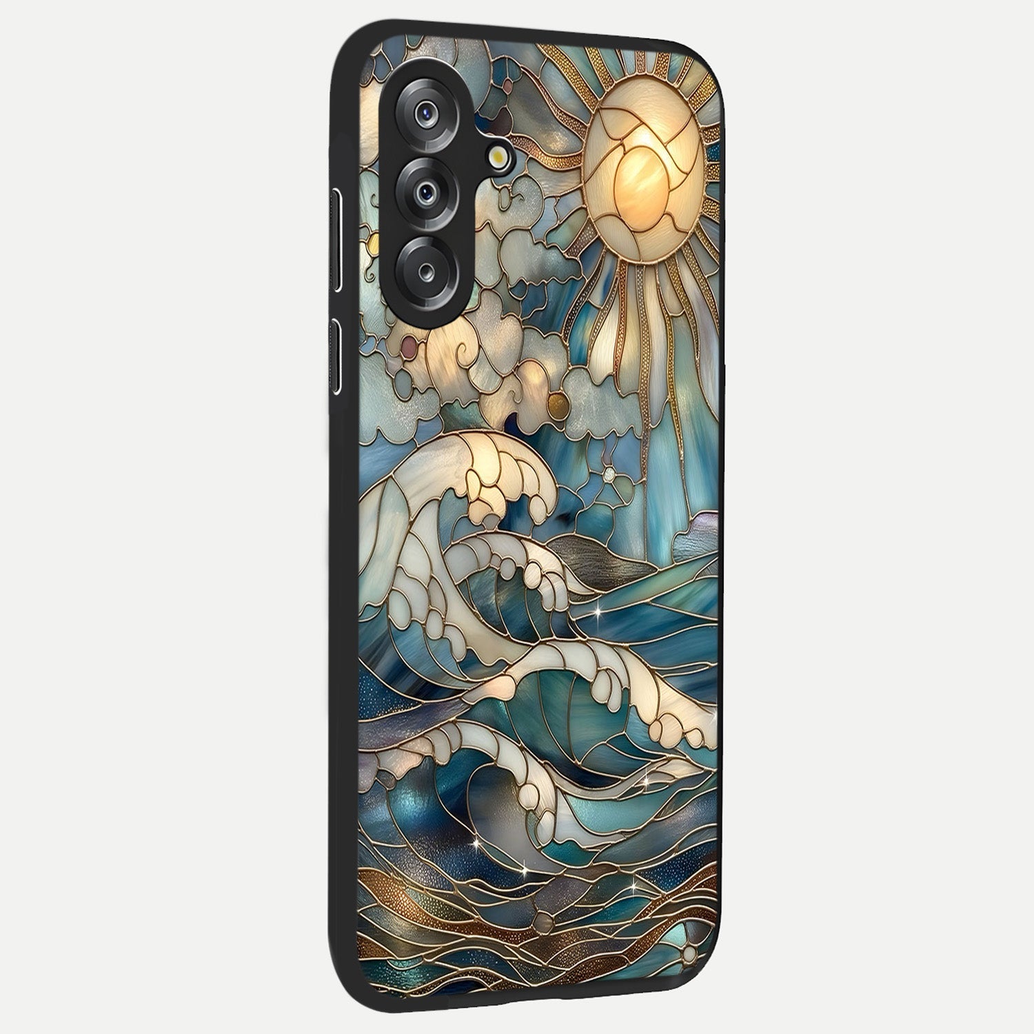 Oceanic Stained Printed Glass Case upright view showcasing decorative ocean pattern artwork with vibrant marine theme.
