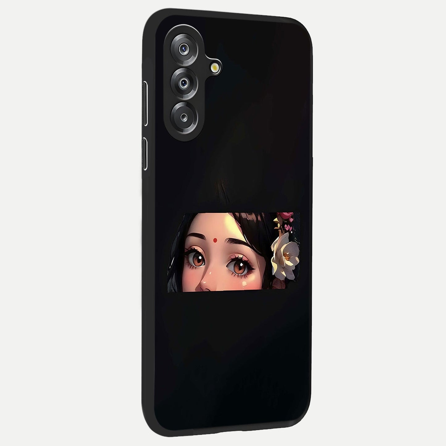 Radha Divine Embrace Glass Case upright view showcasing sacred Radha themed artwork with peaceful devotional style.