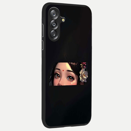 Radha Divine Embrace Glass Case upright view showcasing sacred Radha themed artwork with peaceful devotional style.