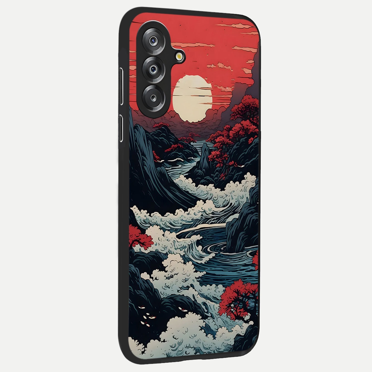 Red Sunset Scenery Glass Case upright view showcasing dramatic sunset scenery artwork with warm nature theme.