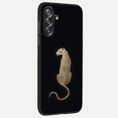 Regal Leopard Glass Case upright view showcasing striking leopard artwork with fierce wildlife theme.