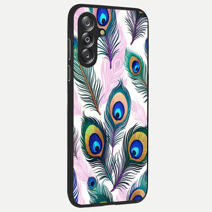 Royal Peacock Feathers Glass Case upright view showcasing elegant peacock feather artwork with decorative royal theme.