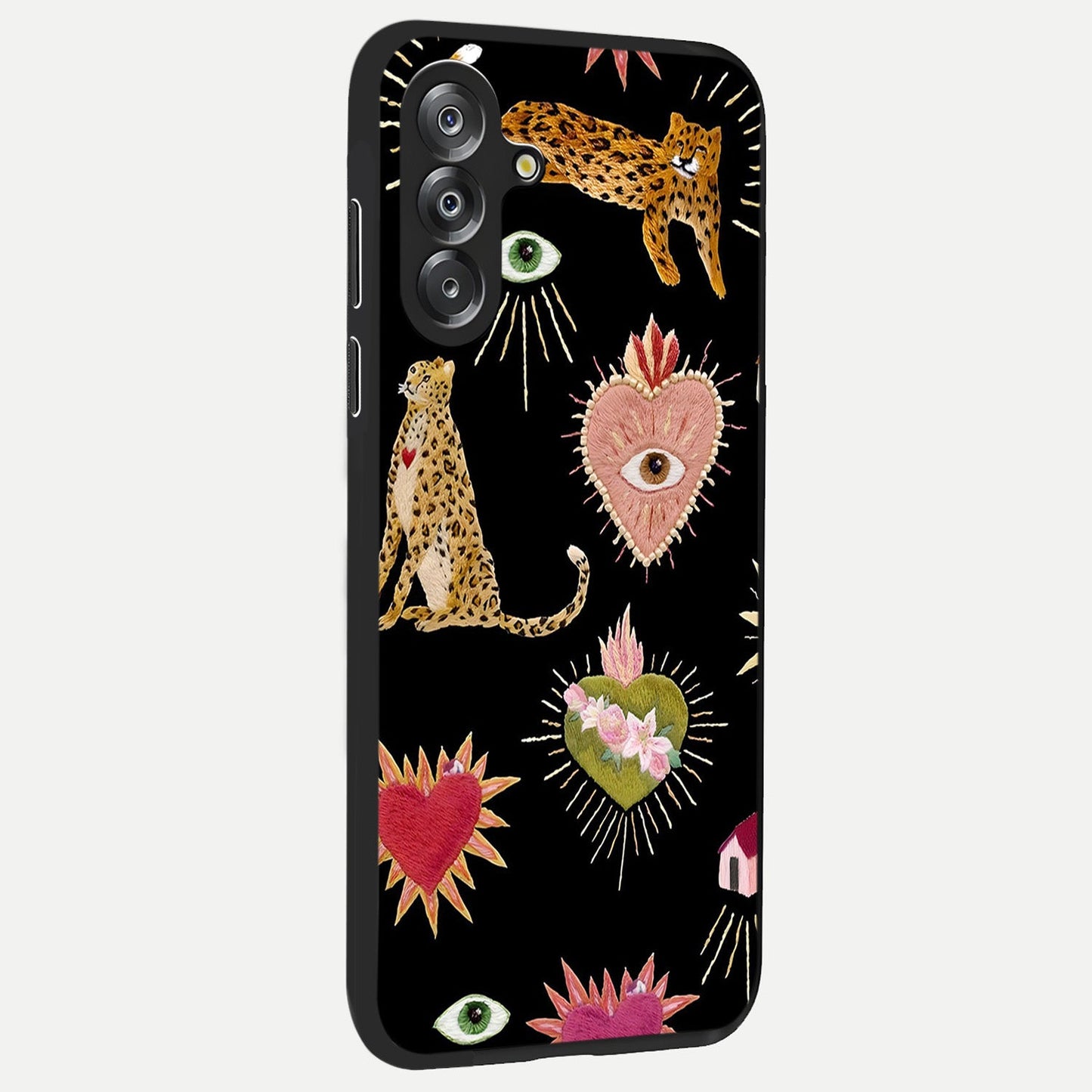 Sacred Jungle Heart Glass Case upright view showcasing vibrant jungle artwork with symbolic heart theme.