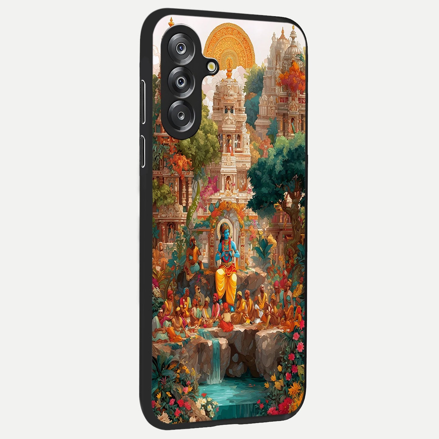Sacred Sunlight Gods Glass Case upright view showcasing glowing divine artwork with sacred mythological theme.