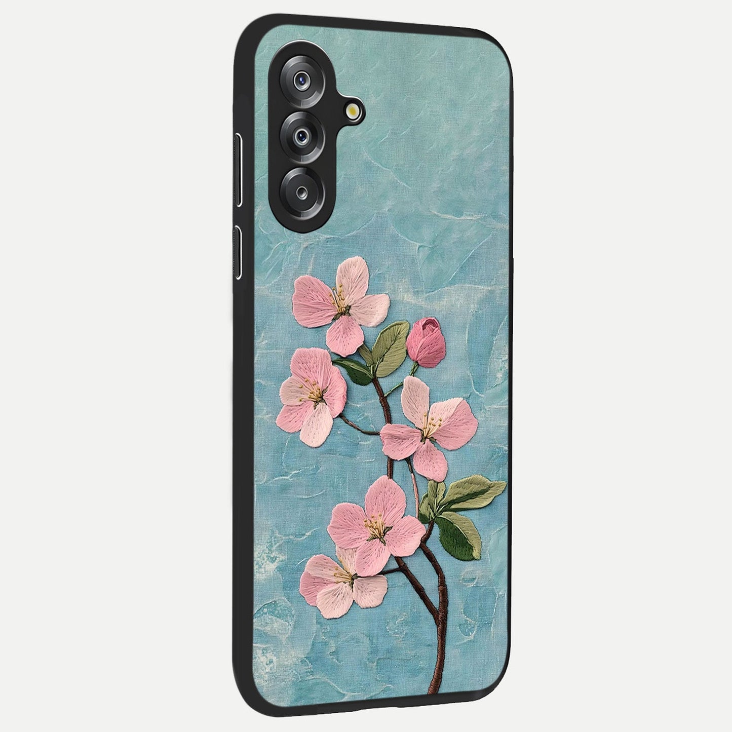 Threaded Blossom Breeze Glass Case upright view showcasing graceful flower artwork with calm botanical theme.