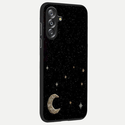 Twinkle Star With Half Moon Glass Case upright view showcasing glowing cosmic artwork with dreamy night theme.