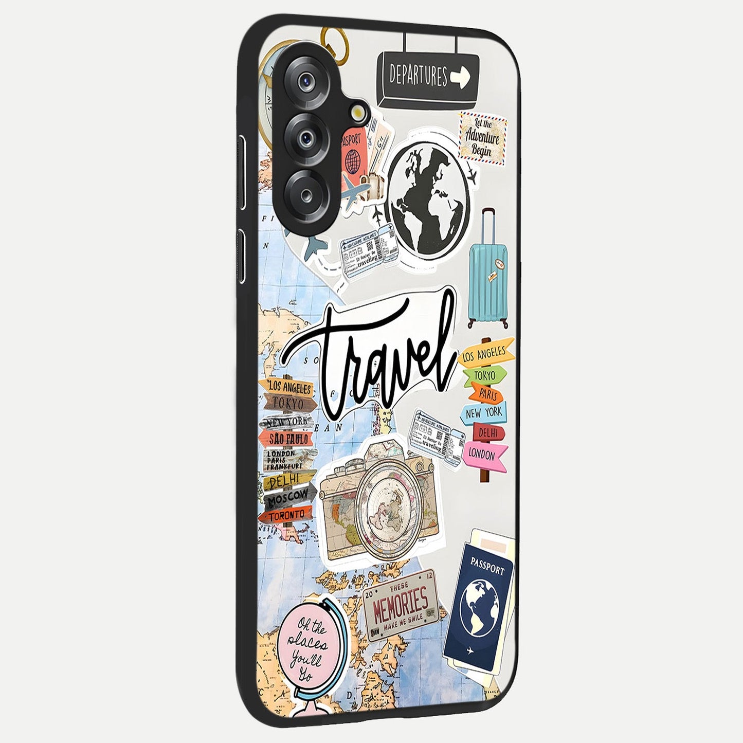 Wanderlust Journal Glass Case upright view showcasing wanderlust inspired artwork with creative exploration theme.