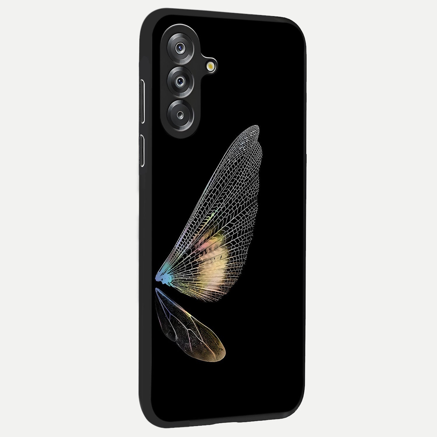 Whispers Of Wings Glass Case upright view showcasing elegant wing artwork with light airy theme.