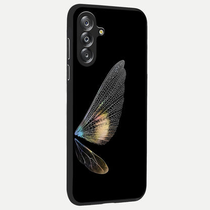 Whispers Of Wings Glass Case upright view showcasing elegant wing artwork with light airy theme.