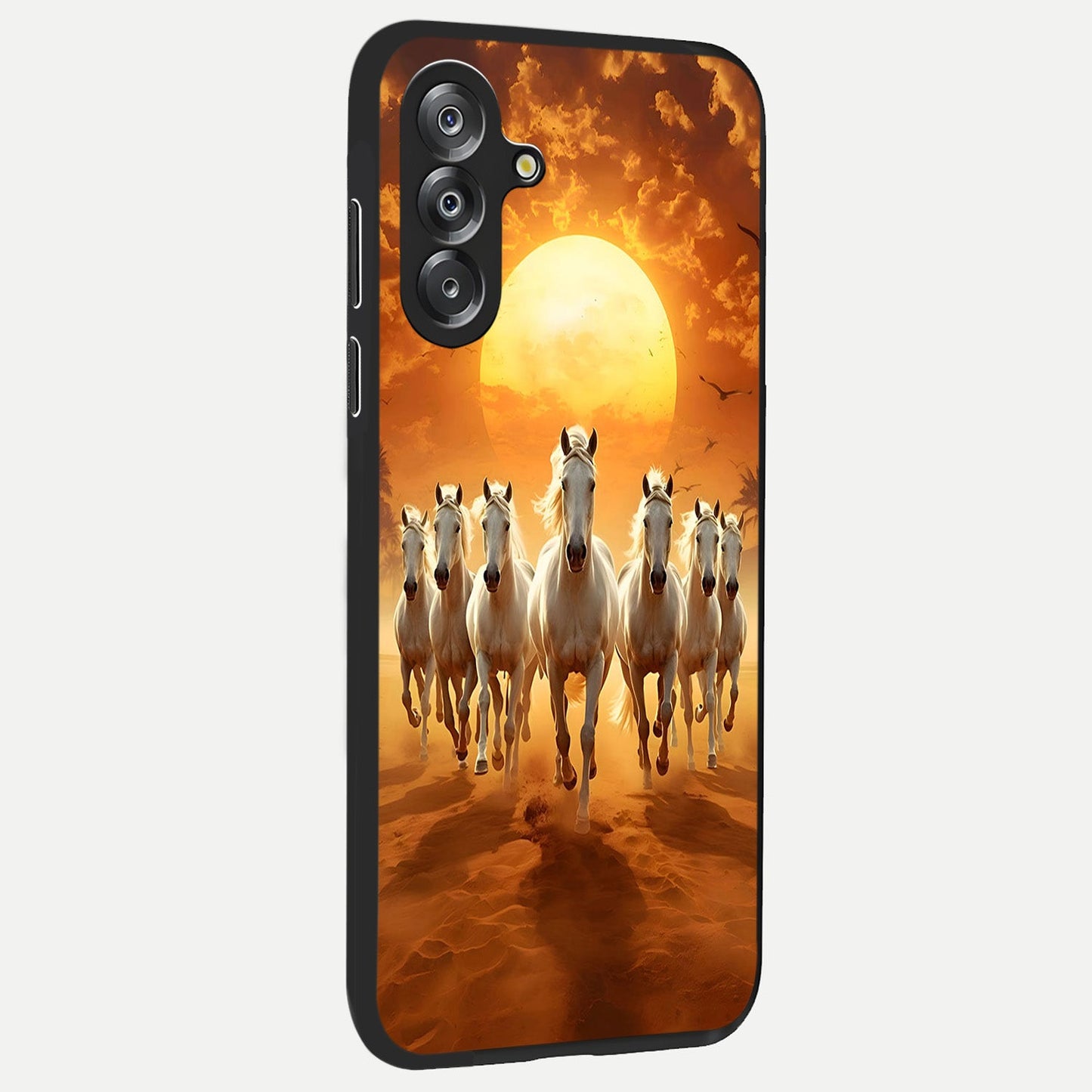 Wild Sunset Majesty Glass Case upright view showcasing dramatic sunset artwork with bold nature theme.