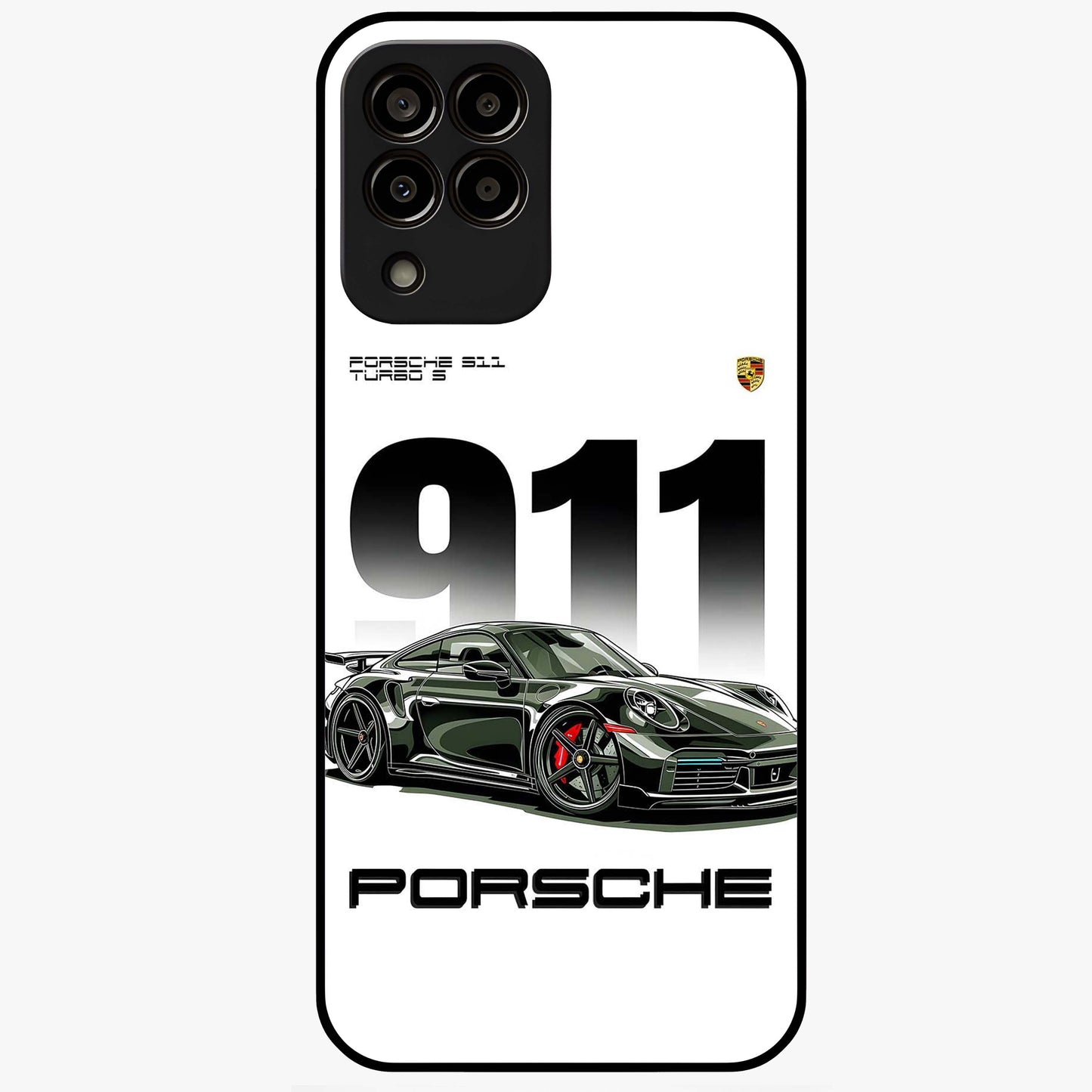 911 Turbo Dominance Glass Case showing clean flat back view with bold 911 sports car artwork and glossy glass finish.