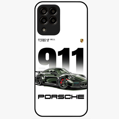 911 Turbo Dominance Glass Case showing clean flat back view with bold 911 sports car artwork and glossy glass finish.
