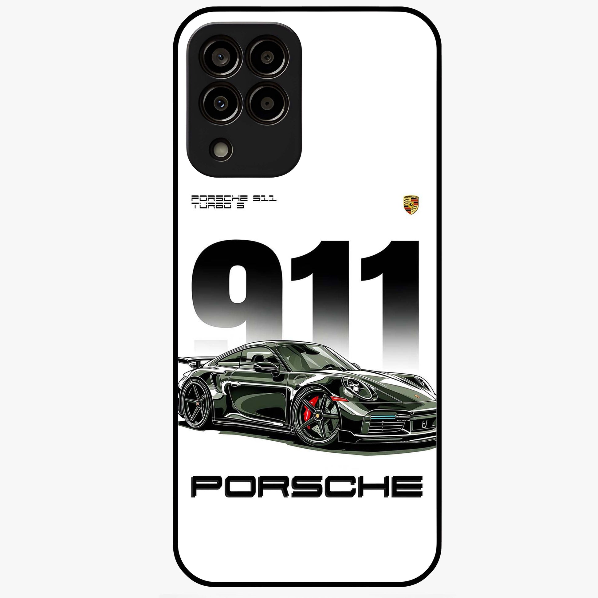 911 Turbo Dominance Glass Case showing clean flat back view with bold 911 sports car artwork and glossy glass finish.