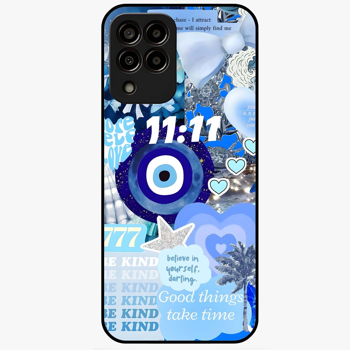 Aesthetic Be Kind Eye Glass Case showing flat back view with motivational eye artwork and glossy glass finish.