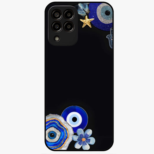 Aesthetic Blue Evil Eye Glass Case showing flat back view with protective evil eye artwork and glossy glass finish.