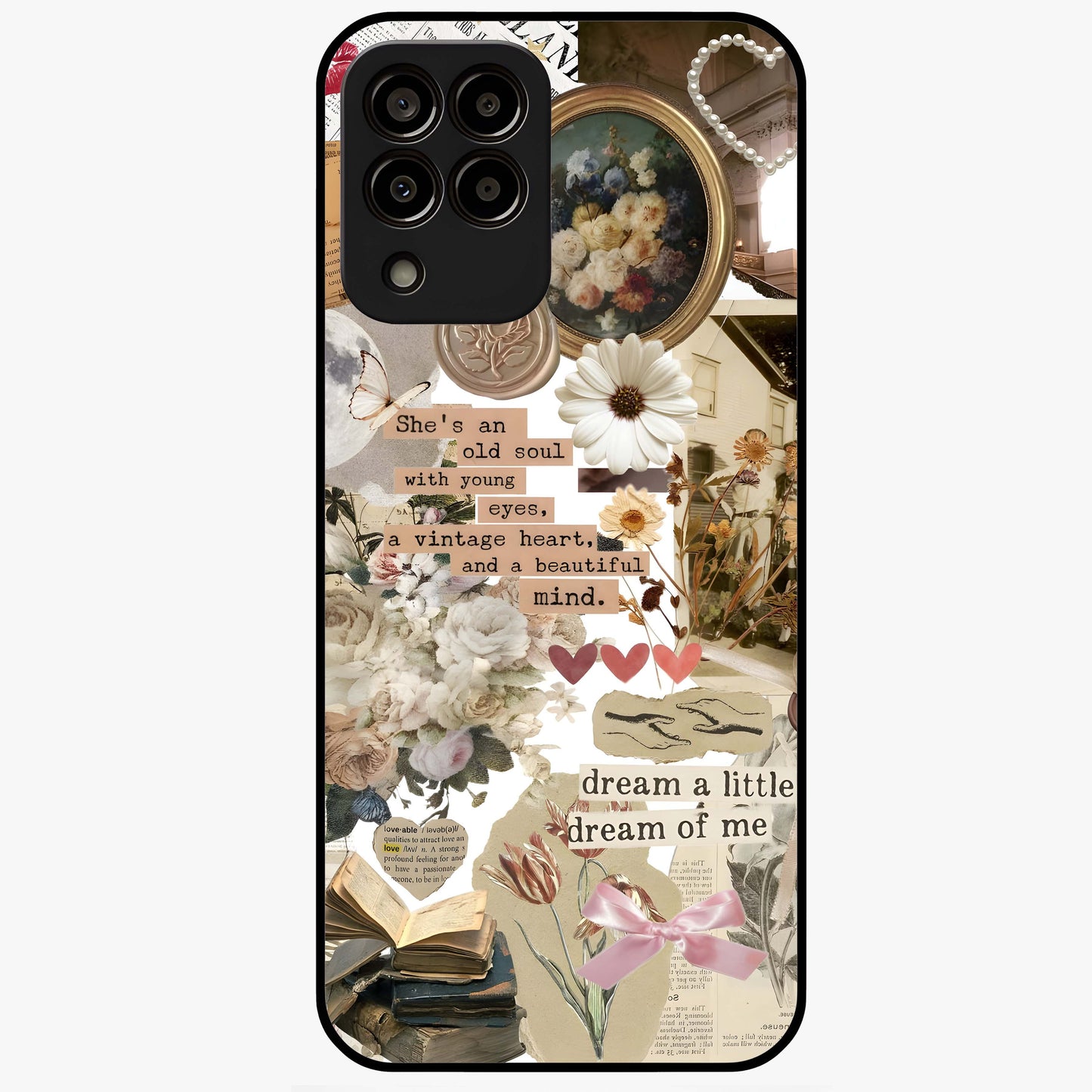 Aesthetic Brown Vintage Collage Glass Case showing flat back view with retro collage artwork and glossy glass finish.