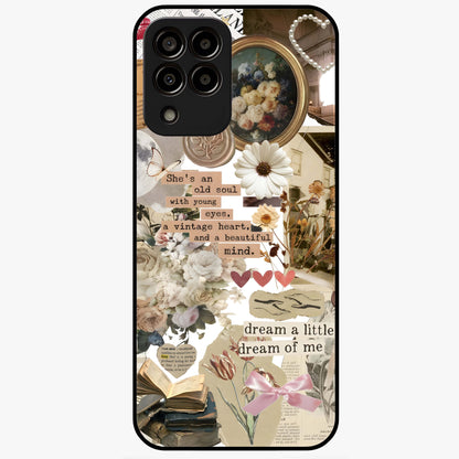 Aesthetic Brown Vintage Collage Glass Case showing flat back view with retro collage artwork and glossy glass finish.