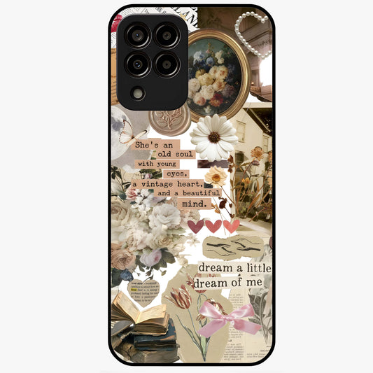 Aesthetic Brown Vintage Collage Glass Case showing flat back view with retro collage artwork and glossy glass finish.