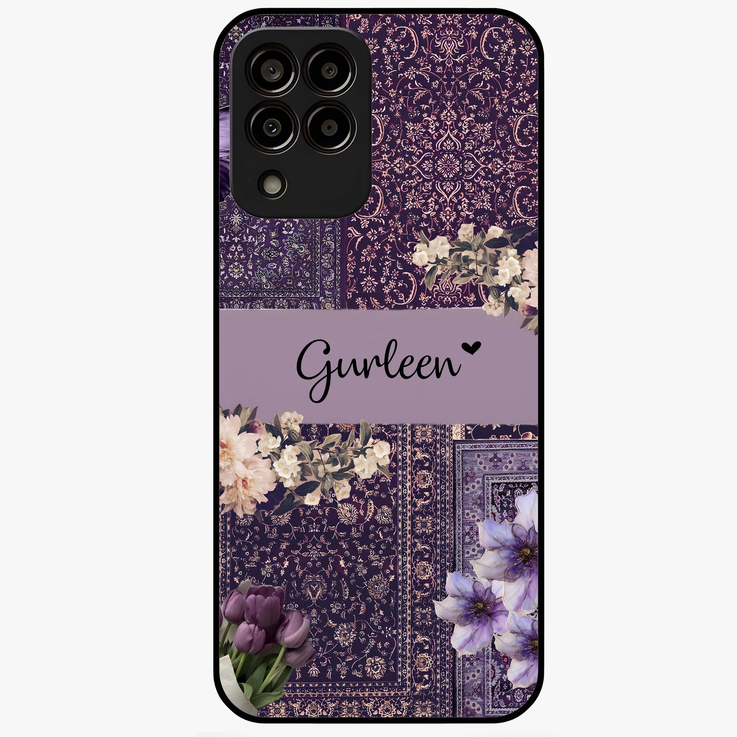 Antique Floral Whisper Custom Name Glass Case showing flat back view with vintage floral artwork and personalized name design.