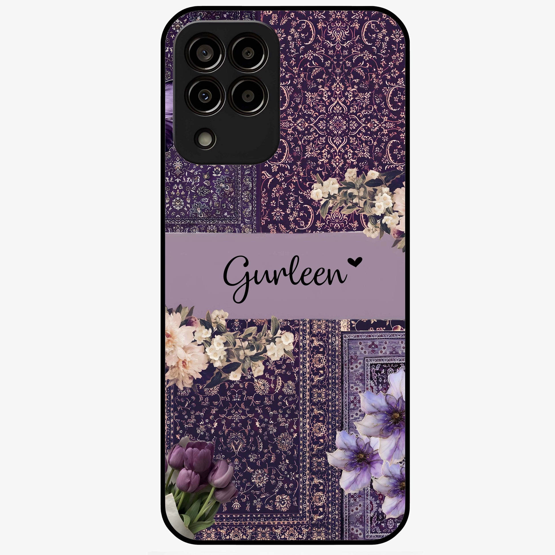 Antique Floral Whisper Custom Name Glass Case showing flat back view with vintage floral artwork and personalized name design.