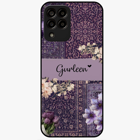 Antique Floral Whisper Custom Name Glass Case showing flat back view with vintage floral artwork and personalized name design.