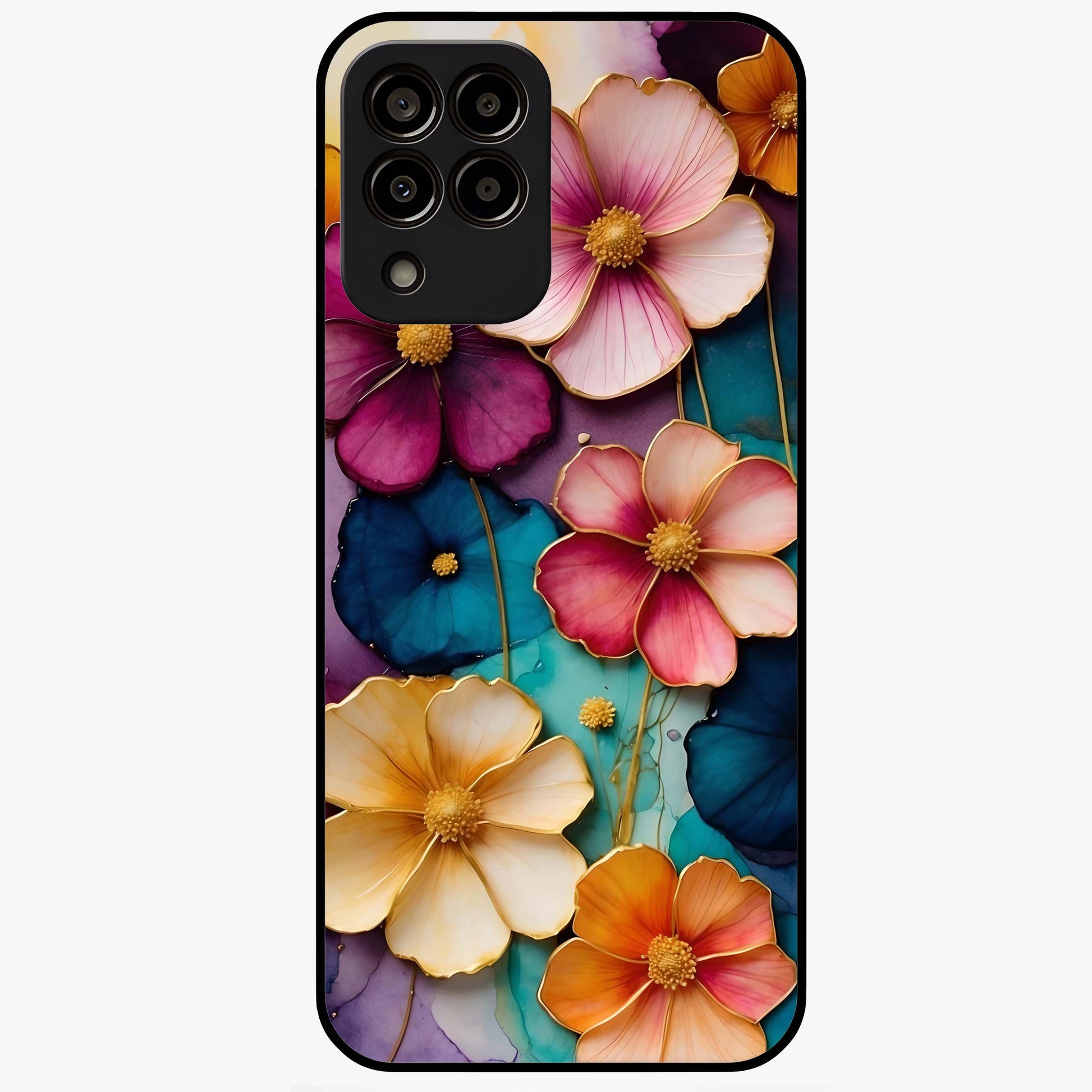 Artlyn Grace Flower Pattern Glass Case showing flat back view with elegant floral pattern artwork and glossy glass finish.
