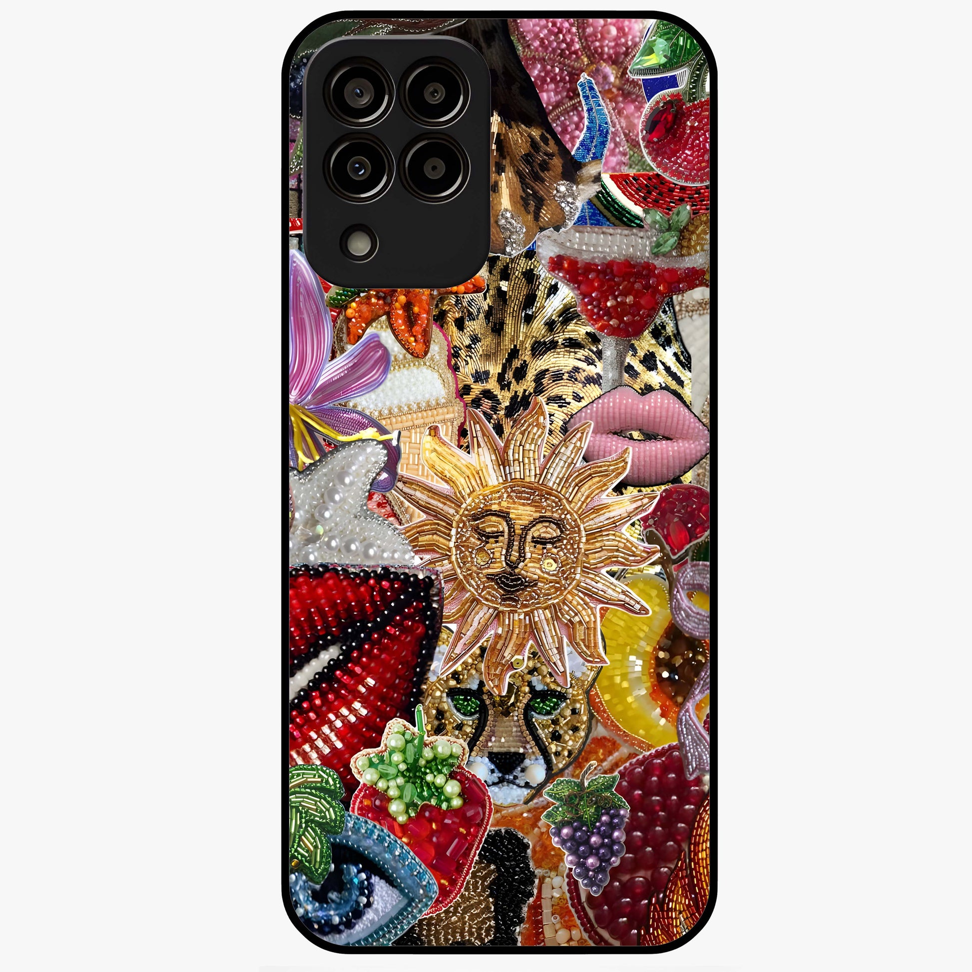 Beaded Fashion Jungle Glass Case showing flat back view with vibrant jungle inspired bead artwork and glossy glass finish.