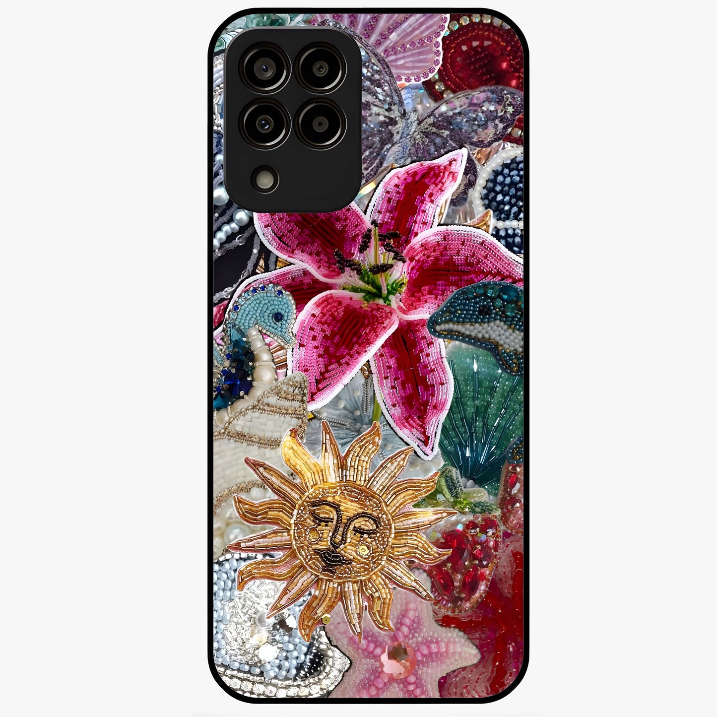 Beaded Garden Fantasy Glass Case showing flat back view with dreamy garden bead artwork and glossy glass finish.