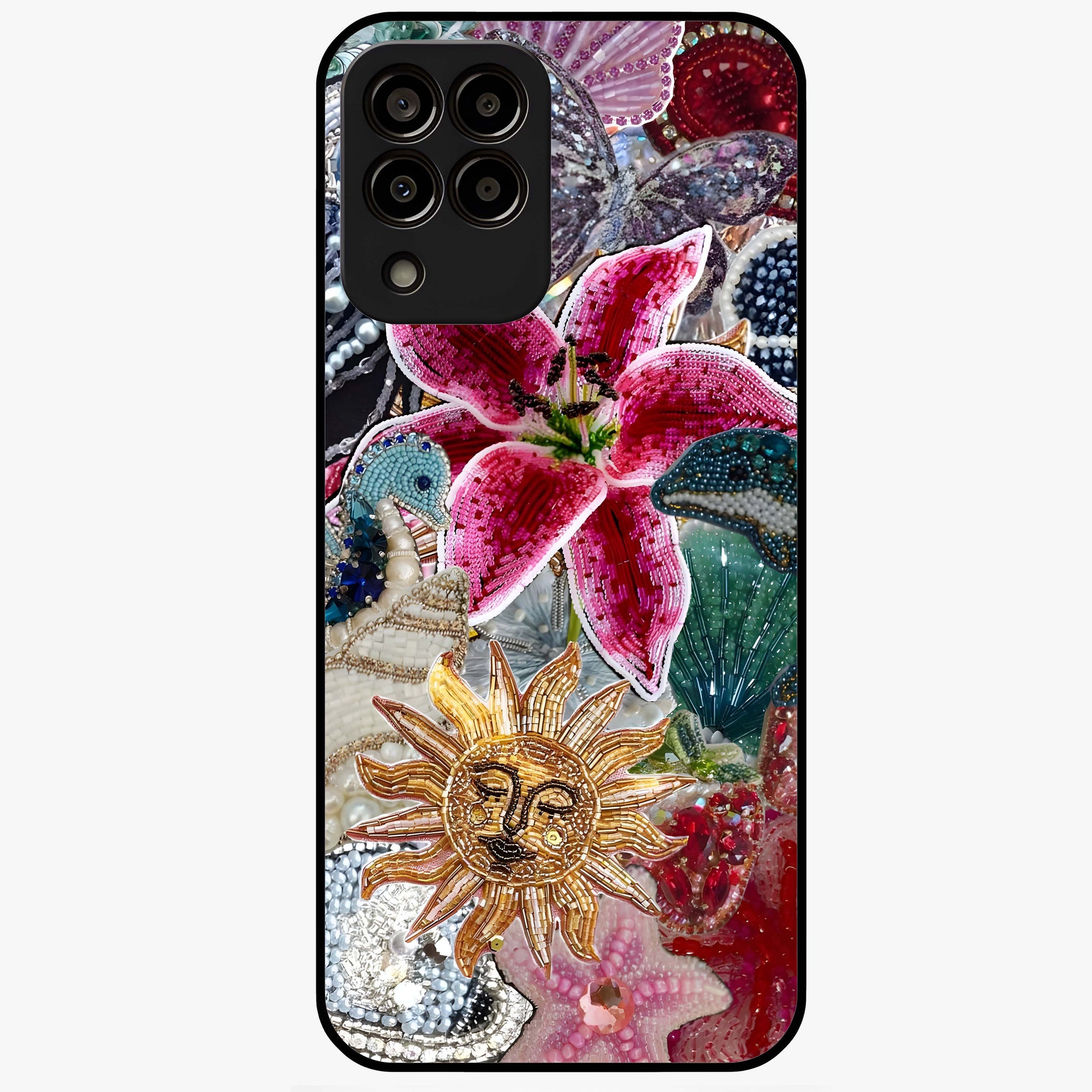Beaded Garden Fantasy Glass Case showing flat back view with dreamy garden bead artwork and glossy glass finish.