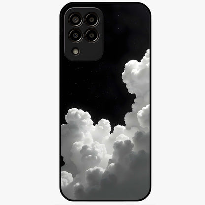 Black Background With White Cloud Glass Case showing flat back view with minimal cloud artwork on dark background and glossy glass finish.