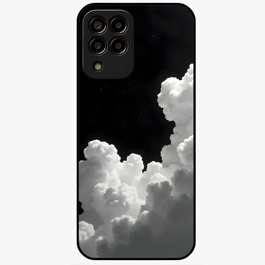 Black Background With White Cloud Glass Case showing flat back view with minimal cloud artwork on dark background and glossy glass finish.