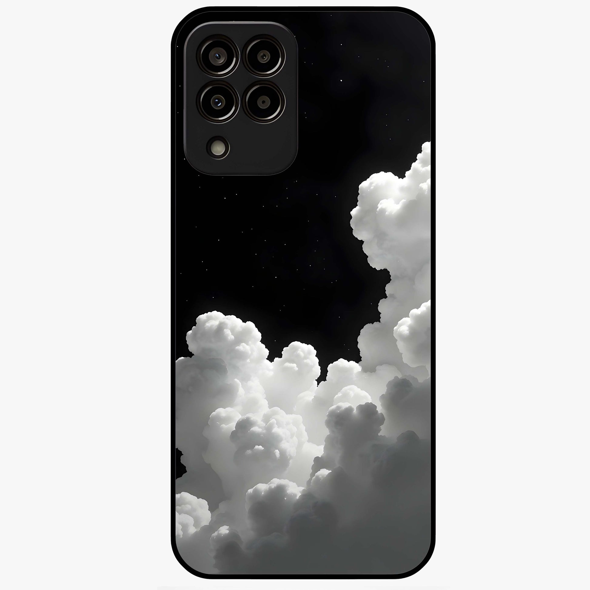 Black Background With White Cloud Glass Case showing flat back view with minimal cloud artwork on dark background and glossy glass finish.