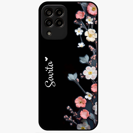 Black Elegance Floral Custom Name Glass Case showing flat back view with elegant floral artwork and personalized name design.