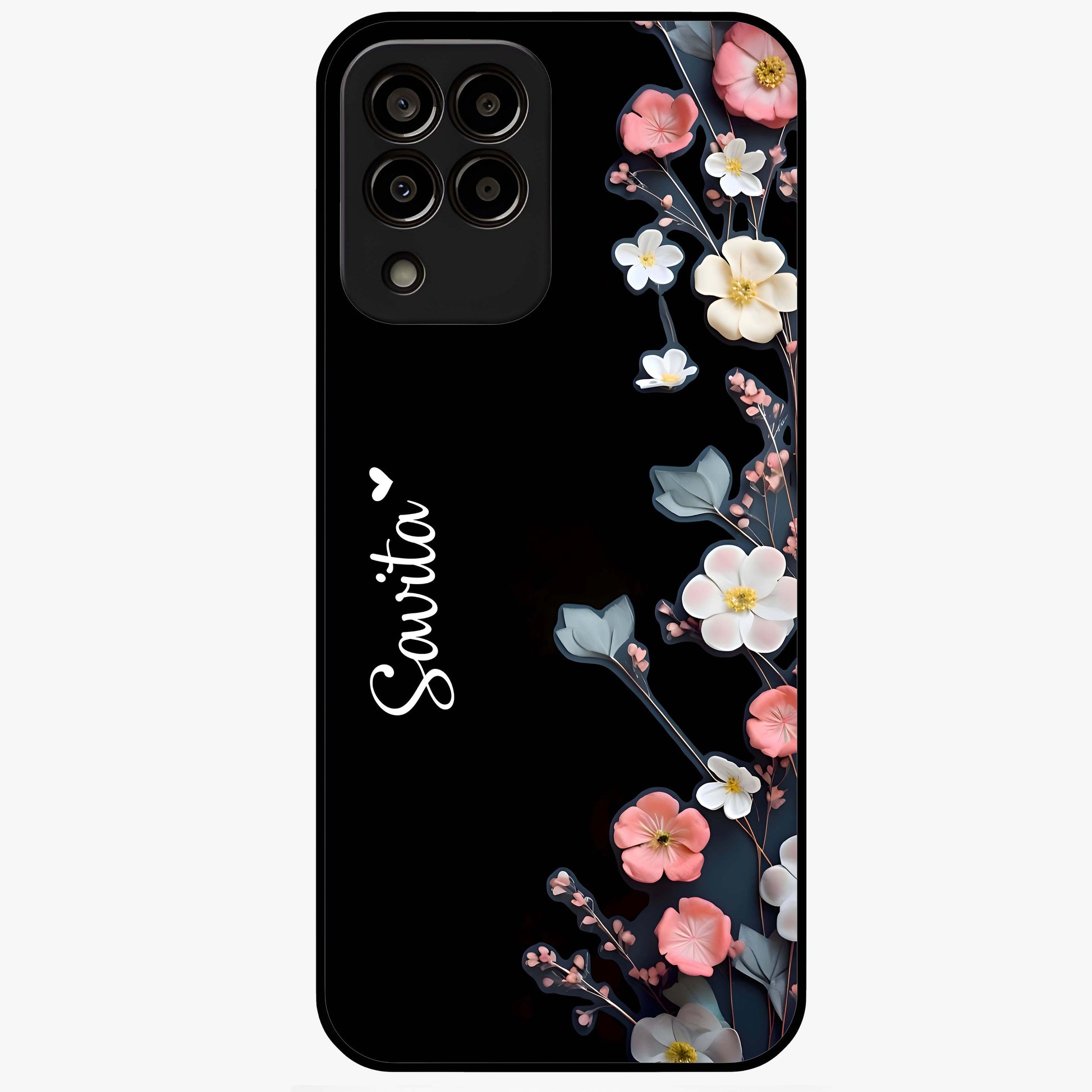 Black Elegance Floral Custom Name Glass Case showing flat back view with elegant floral artwork and personalized name design.