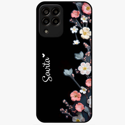 Black Elegance Floral Custom Name Glass Case showing flat back view with elegant floral artwork and personalized name design.